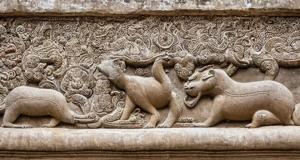 Prompt: Stone bas-relief of ornate royal capybara on wall of Sri Dalada Maligawa Temple of tooth relic, Temple of Buddha tooth, Kandy, Sri Lanka