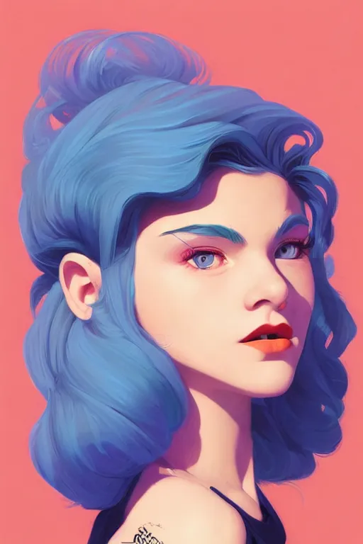 Image similar to portrait painting of a teenage girl with swept back wild blue hair, fashionable, windy, art deco, solid background color, sharp focus, award - winning, cinematic pose, cinematic lighting, trending on artstation, masterpiece, highly detailed, intricate. art by josan gonzales and moebius and deathburger