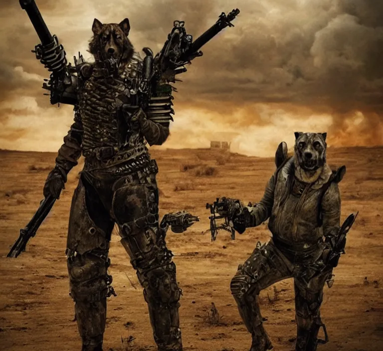 Image similar to a good ol'hound dog fursona ( from the furry fandom ), heavily armed and armored facing down armageddon in a dark and gritty version from the makers of mad max : fury road. witness me.