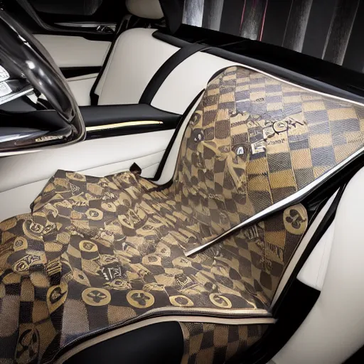Prompt: luxury car wrapped in louis vuitton print, car photography, product shot