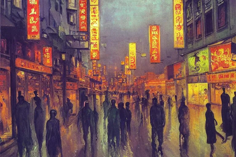 Prompt: dream festival in a city, low angle view from a city street lined with shops and apartments, glowing street signs, revelers playing games and shopping at a night market, oil painting by edvard munch, beksinski, city like hong kong, tokyo, barcelona