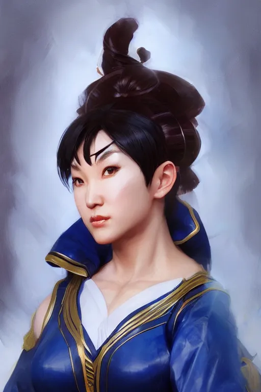 Prompt: portrait of Chun Li, Street fighter, highly detailed, digital art from artstation by Ruan Jia and Mandy Jurgens and Artgerm and william-adolphe bouguereau