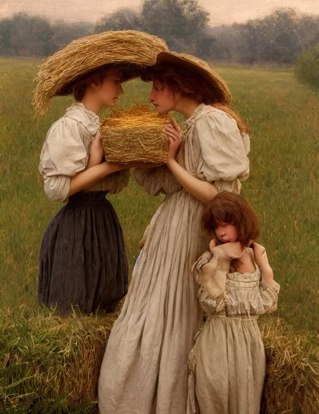 Prompt: two peasant girl secretly kiss hiding over a stack of hay lolita style, Cottage core, Cinematic focus, Polaroid photo, vintage, neutral colors, soft lights, foggy, by Steve Hanks, by Serov Valentin, by Andrei Tarkovsky, by Terrence Malick, 8k render, detailed, oil on canvas