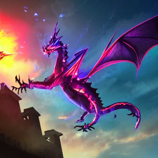 Prompt: detailed artistic photo of an electric dragon flying above a siege tower cinematic dramatic lighting fantasy