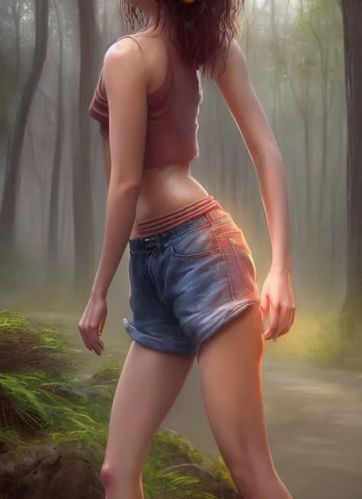 Image similar to young woman walking : : shorts wet shirt : : raining forest nature : : weta disney pixar movie still photo : : decadent highly - detailed digital painting, full length shot, golden ratio, octane render, artstation, smooth, sharp focus, artgerm, mucha, loish, wlop, gogo