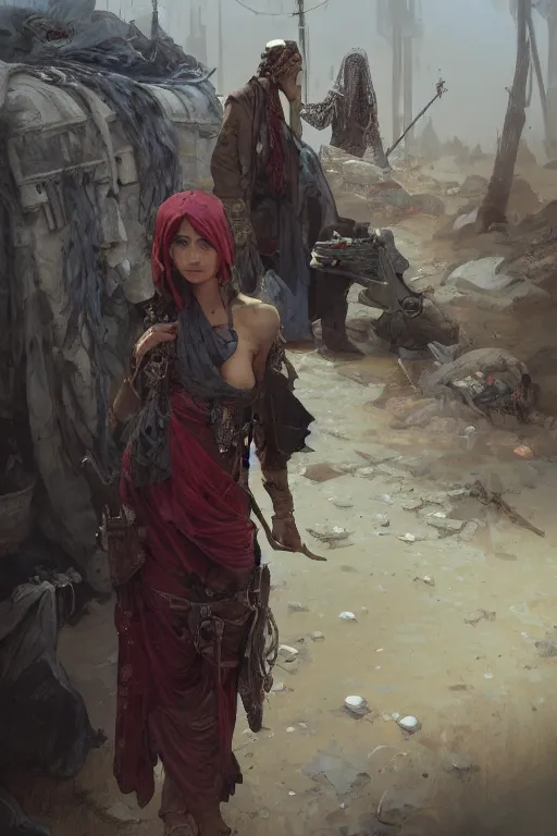 Image similar to a full body portrait of a beautiful post apocalyptic offworld merchants quarter bedouin blind pulp fiction scarlet wild rogue barbarian leper begging by the roadside, intricate, elegant, highly detailed, digital painting, artstation, concept art, smooth, sharp focus, illustration, art by krenz cushart and artem demura and alphonse mucha