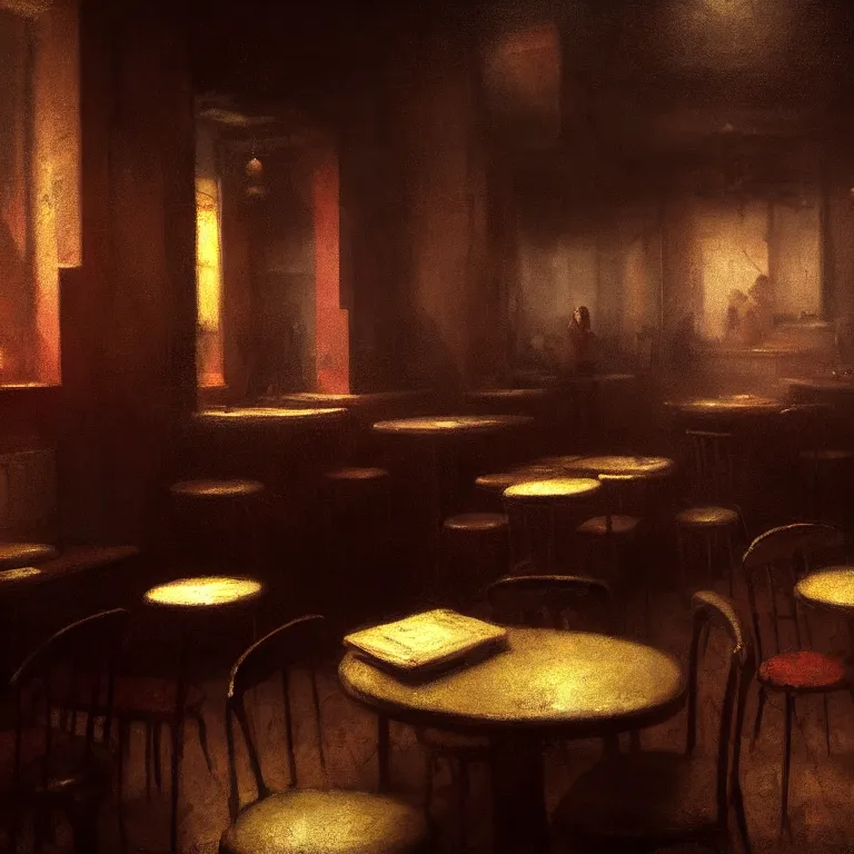 Image similar to interior of pizzeria by jeremy mann, soft grainy bloom lucid dream - like atmosphere, harsh flash photo, baroque portrait painting, perfect composition, detailed octane render trending on artstation, 8 k artistic photography, volumetric cinematic perfect light, chiaroscuro, masterpiece, raphael, caravaggio, beksinski, rutkowski, beeple