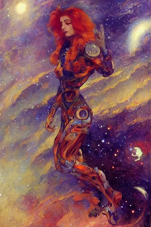 Prompt: “big chaotic beutiful and open space with many stars, redhead woman in futuristic spacesuit that revealing her beautiful fit body points to the infinity. High detailed style of Gaston Bussière, art nouveau”