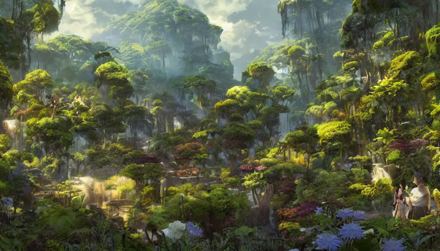 Image similar to craig mullins and studio ghibli illustration of the beastlands, avatar ( 2 0 0 9 ), lush landscape, jungle landscape, flowers, unreal engine, hyper realism, realistic shading, cinematic composition, realistic render, octane render, detailed textures, photorealistic, wide shot