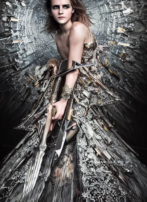 Image similar to expressive full body photo of a emma watson, headpiece made from knives, dress made of swords, glamour shot, by karol bak, by stefan gesell, photorealistic, canon r 3, fashion photography, hyper maximalist, elegant, ornate, luxury, elite, environmental portrait, symmetrical features, octane render, unreal engine, solid dark grey background, dramatic lights