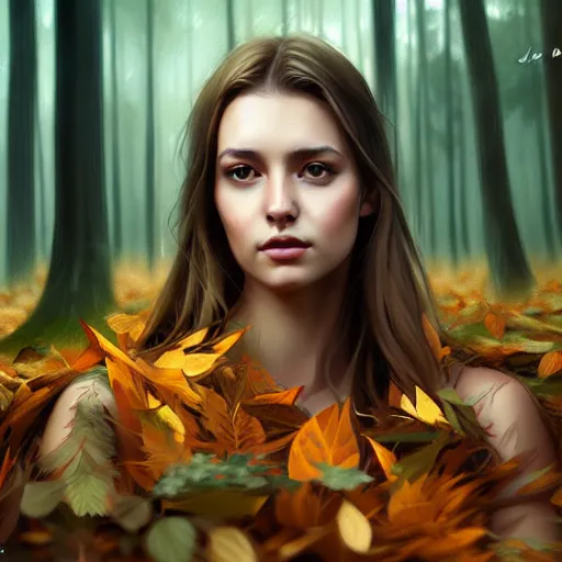 Image similar to a pretty girl clothed in leaves, surrounded by wolves digital painting, photorealistic, in the style of greg rutkowski, full body, detailed face