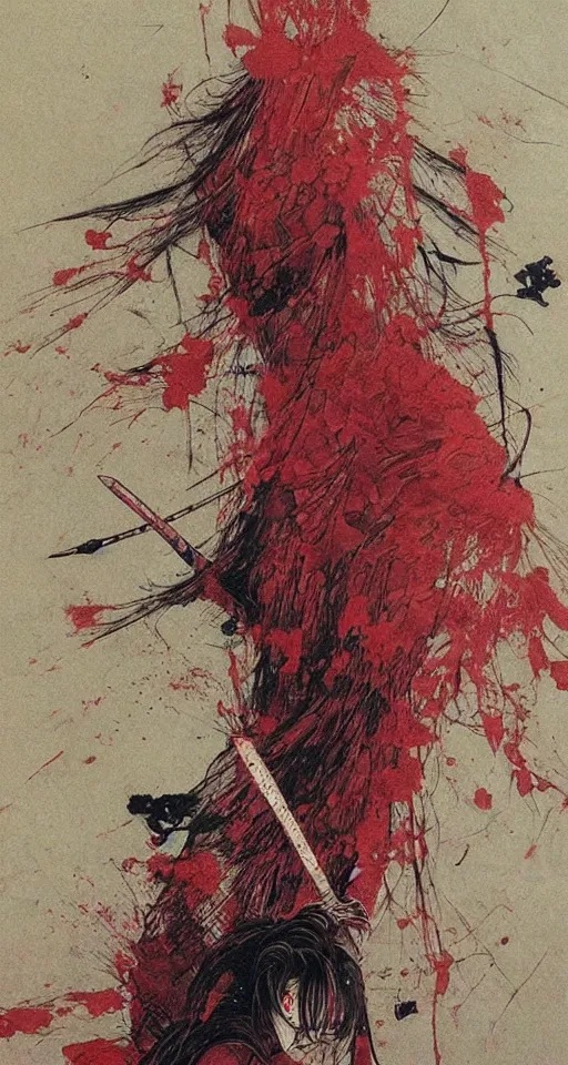 Image similar to Japanese schoolgirl runs away from Samurai with a katana on the subway, high detailed Beksinski painting, part by Adrian Ghenie and Gerhard Richter. art by Takato Yamamoto. masterpiece, deep colours, red