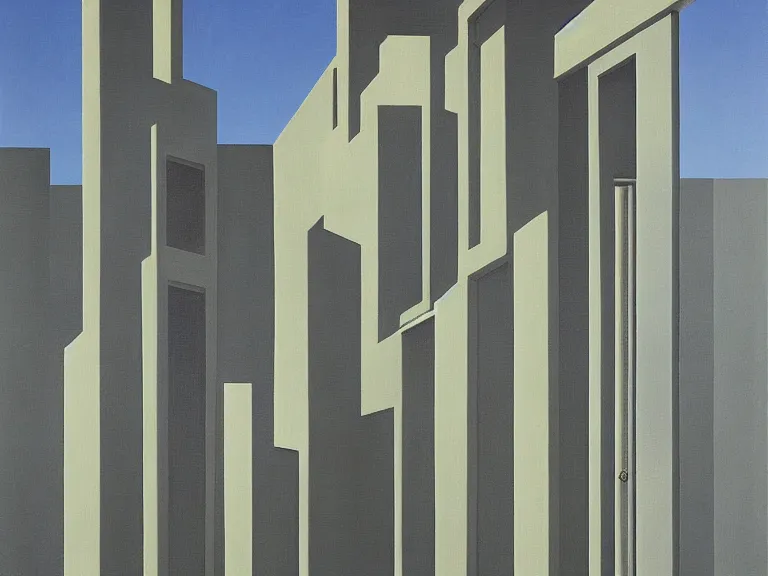 Prompt: endless buildings blending into doors painting by rene magritte, high detail, high resolution