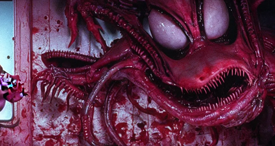 Image similar to peppa the pig infected by xenomorph from movie alien 1 9 7 9, staying at nostromo spaceship. extreme long shot, 4 k, cinestill, giger, hermann nitsch, dark colors