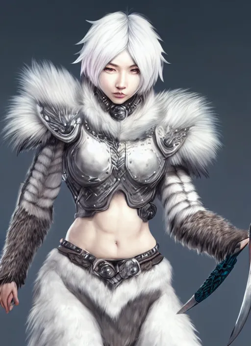 Image similar to warrior, fur - lined wolf armor!!! beautiful and elegant white hair female!! monster hunter!! character concept art, sharp focus, octane render! unreal engine 5! highly rendered!! trending on artstation!! detailed linework!! illustration by artgerm, wlop, and chie yoshii