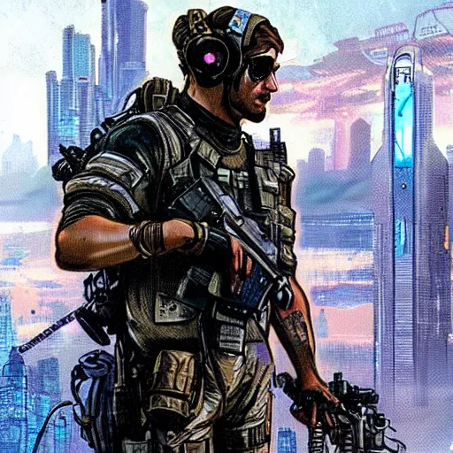 Image similar to Arthur. USN special forces futuristic recon operator, cyberpunk headset, on patrol in the Australian autonomous zone, deserted city skyline. 2087. Concept art by James Gurney and Alphonso Mucha