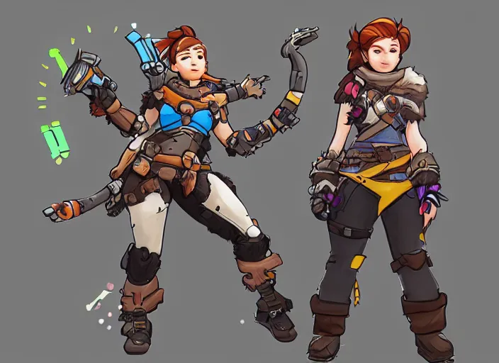 Image similar to overwatch, brigitte, horizon zero dawn, aloy, digital art