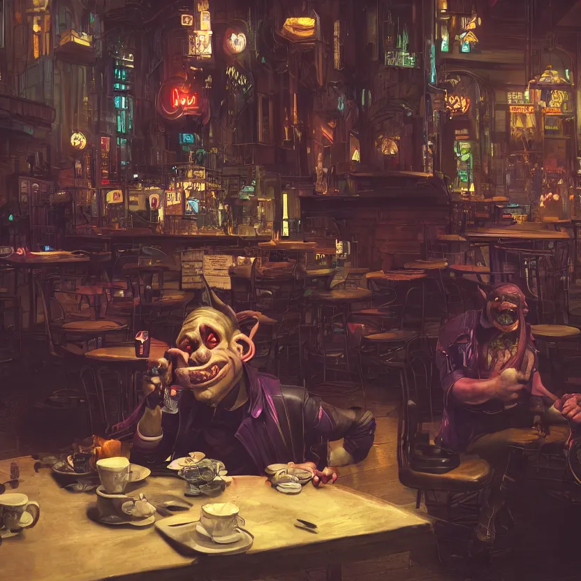 Image similar to a bored male goblin punk sitting at a table in a cafe in a cyberpunk city, sharp focus, highly detailed face, 8k, unreal engine 5, cinematic lighting, vivid elegant fantasy concept art, character art, stern neon atmosphere, artstation, deep complimentary colors, volumetric lighting, photorealistic, hyperdetailed 3D matte painting, hyperrealism, hyperrealistic masterpiece