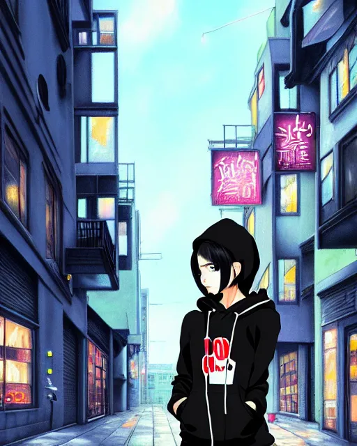 Image similar to black haired girl wearing hoodie, detailed city street background, anime illustration shinkai makoto oil painting