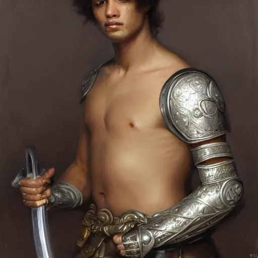 Image similar to artstation concept of a Young man with a bare upper body holding a sword in both hand, brown skin, silver garment, shiny colorful, hyperdetailed, artstation trending, world renowned artists, worth1000.com, historic artworks society, antique renewel, cgsociety, by greg rutkowski, by Gustave Dore, Deviantart