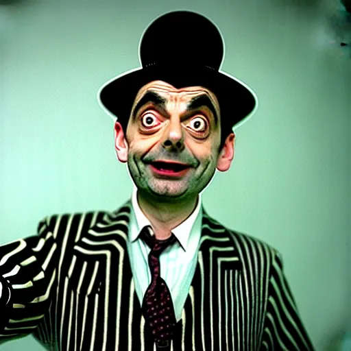 Image similar to mr. bean as beetlejuice. movie still. cinematic lighting.