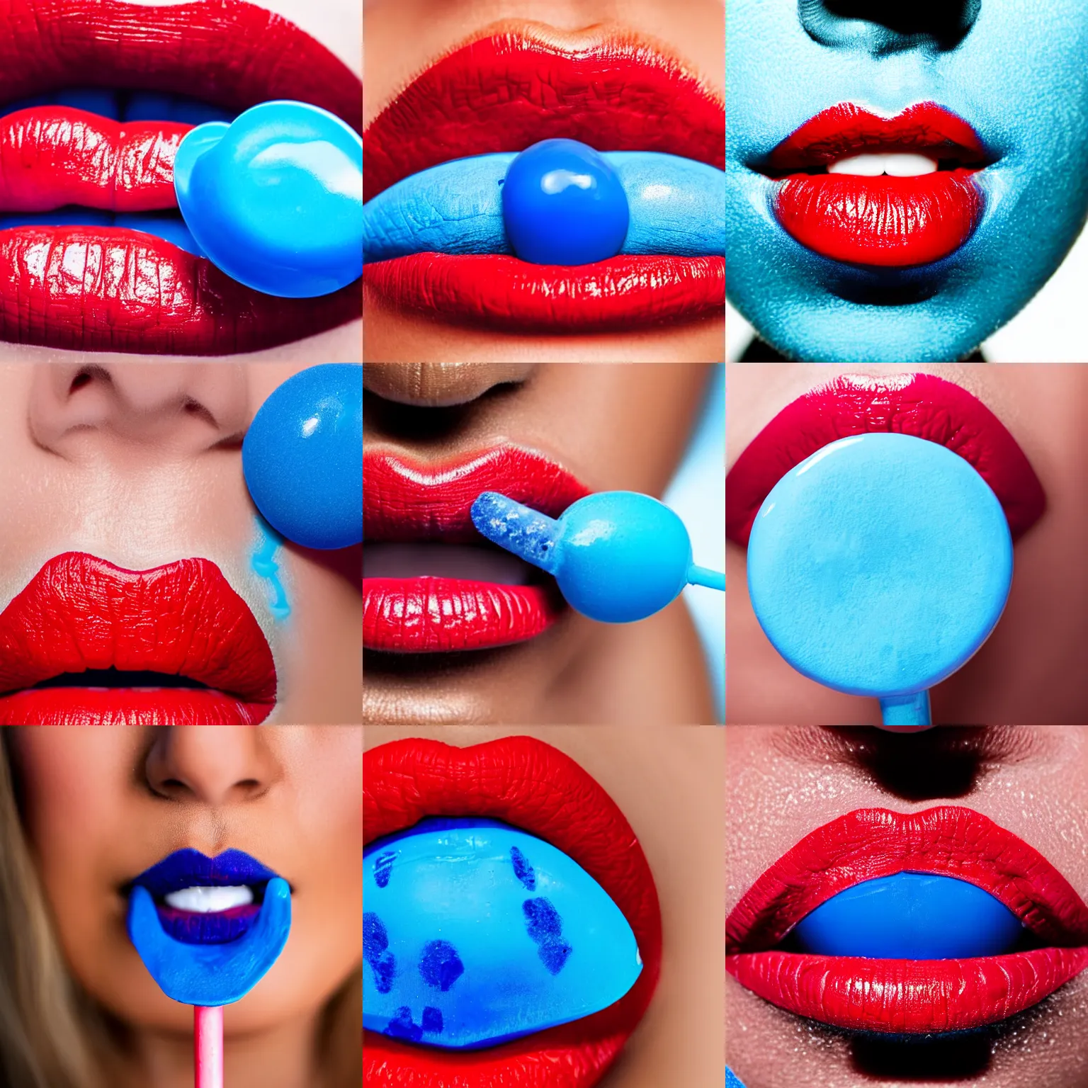 Prompt: an extreme close up on a blue lollipop, behind is a woman's lips in red lipstick