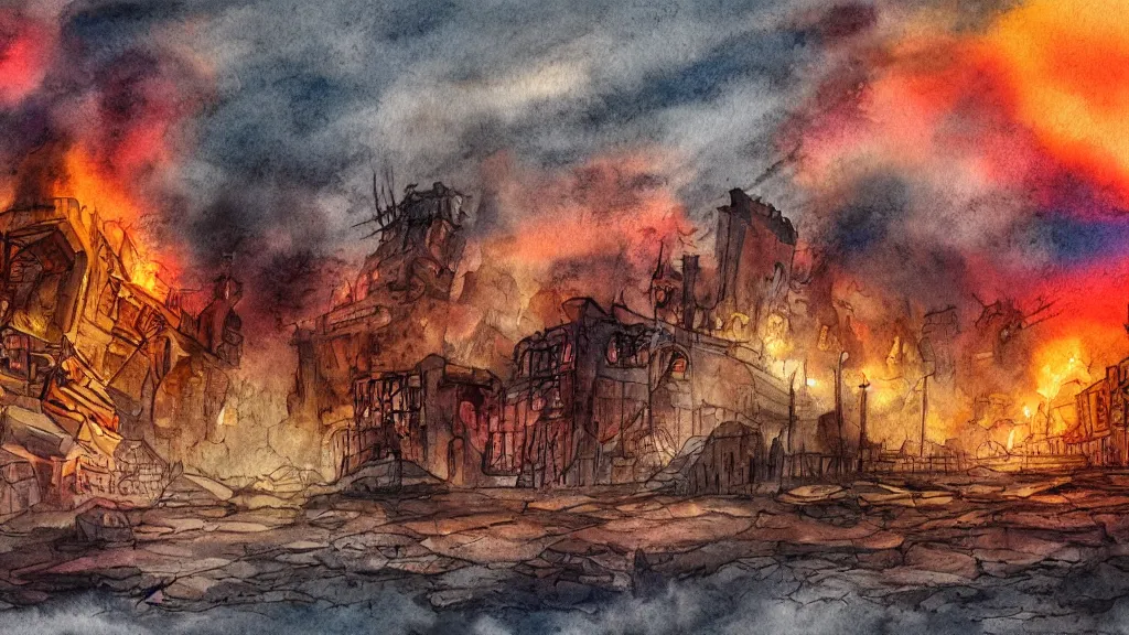 Prompt: a watercolor painting of an abandoned fiery city in hell, scary, bright, fantasy, smoke, fire, circular, digital art,