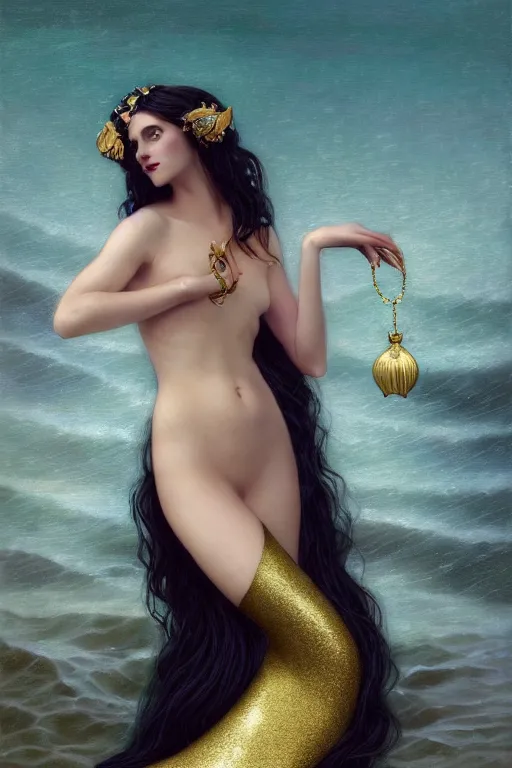 Image similar to a beautiful dark androgynous mermaid, pinup pose, long hair, tall and thin, wearing dozens of pendants and a gown of gold, small delicate crown of the sea on her head, illustration, dramatic lighting, soft details, painting oil on canvas, art nouveau, octane render, HDR, 4k, 8k, HD, by Edmund Blair Leighton, Brom, Charlie Bowater, j.c. Leyendecker, faces by otto schmidt