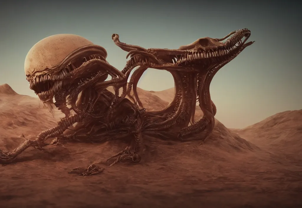 Image similar to eldritch animal alien skull in a dessert in mars, cinematic lighting, octane tender, volumetric light, dark - art