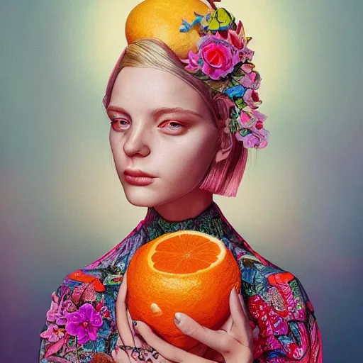 Image similar to pretty model with botanical and bright fruits : : by martine johanna and simon stalenhag and chie yoshii and casey weldon and wlop : : ornate, dynamic, particulate, rich colors, intricate, elegant, highly detailed, vogue, harper's bazaar art, fashion magazine, smooth, sharp focus, 8 k, octane render