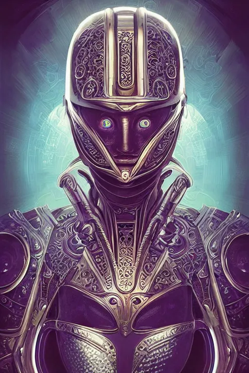 Image similar to retro-futuristic portrait of a beautiful female android wearing chrome armour, underwater, ornate background, ornate pattern, glowing eyes, evil expression, high details, intricate details, renaissance style, painting by vincent di fate, artgerm julie bell beeple, 80s, Smooth gradients, High contrast, depth of field, very coherent symmetrical artwork