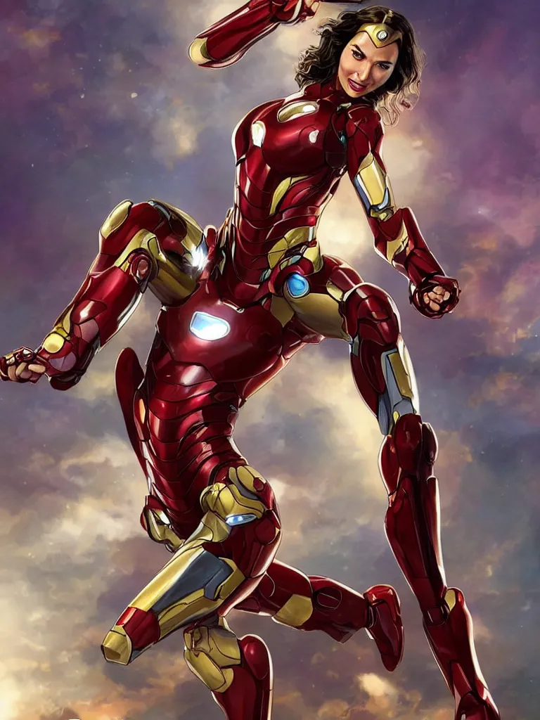 Image similar to gal gadot as ironman, fantasy illustration