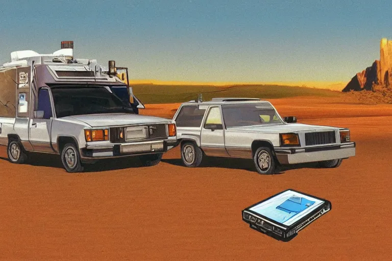 Image similar to a 1 9 8 5 electronics ad depicting a commodore 6 4 sitting on a desert trail. i'm the background is a fantasy castle. chrome font. art in the style of andy zito