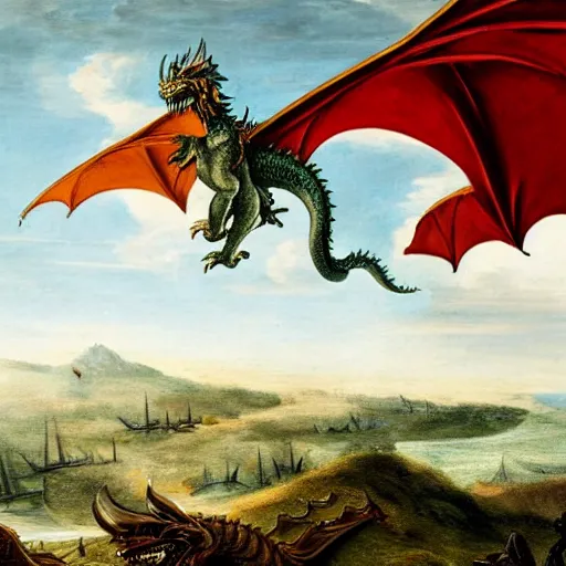 Prompt: historical battle 17th century dragon flying in the background 8k