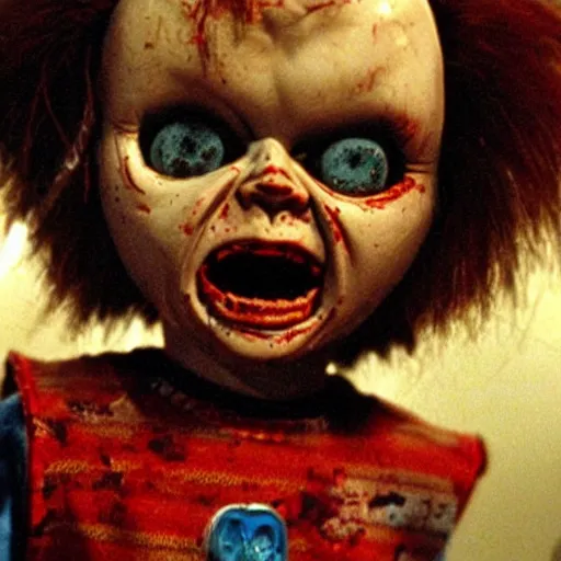 Image similar to Evil creepy looking Chucky the killer doll from Child's Play surrounded by zombies in the movie Dawn of the Dead