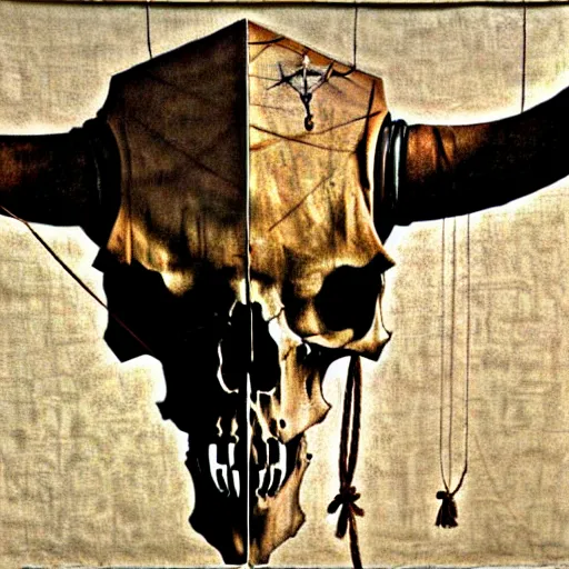 Prompt: magic weathered steampunk symmetrical bull skull at the center, old fabric, ropes. painting by rembrandt and greg rutkowski