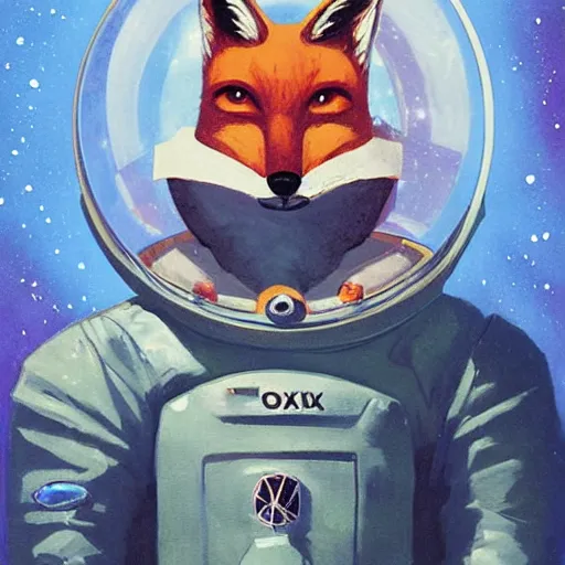 Prompt: a fox in a spacesuit by Paul Lehr and Abigail Larson