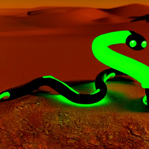 Prompt: a robot snake with glowing green light in the desert, octane render, 3D, accurate