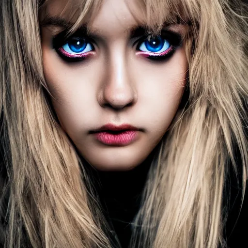 Prompt: A gorgeous blonde, grungy, unkept hair, glowing eyes, modelsociety, radiant skin, huge anime eyes, bright on black, studio lighting, perfect face, intricate, Sony a7R IV, symmetric balance, polarizing filter, Photolab, Lightroom, 4K, Dolby Vision, Photography Award