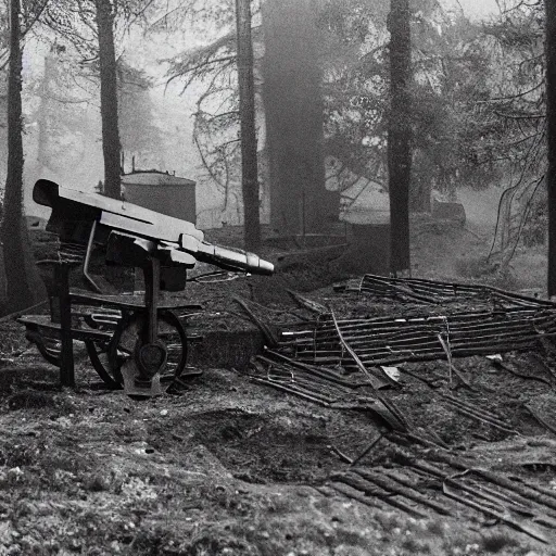 Prompt: film still of a military compound during ww 2 in the forest, big anti aircraft gun between 2 buildings, trenches dug around the perimeter, filmgrain, zeiss lens, redshift, octane, foggy diffused lighting