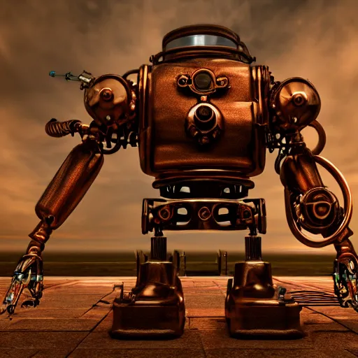 Prompt: steampunk robot designed to assist others, 3 d render, hdr, copper, pipes, metal, rusty, plain background, finely detailed, gears, steam, concept, cinematic lighting,