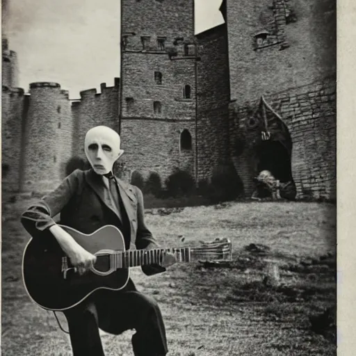 Image similar to vintage photograph of count orlok outside his castle, playing the blues on guitar, castle in the background, 4 k