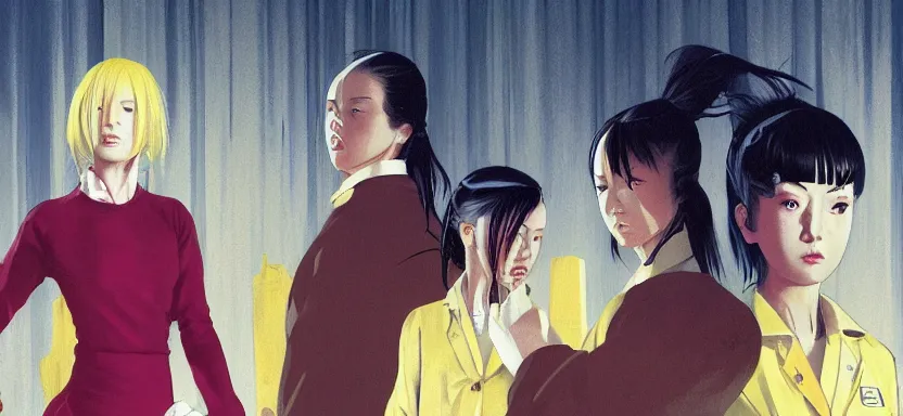 Image similar to kill bill crazy 8 8 scene, digital painting masterpiece, by ilya kuvshinov, by frank frazetta, by mœbius, by reiq, by hayao miyazaki, intricate detail, beautiful brush strokes, advanced lighting technology, 4 k wallpaper, interesting character design, stylized yet realistic anatomy and faces, inspired by kill bill animated scene