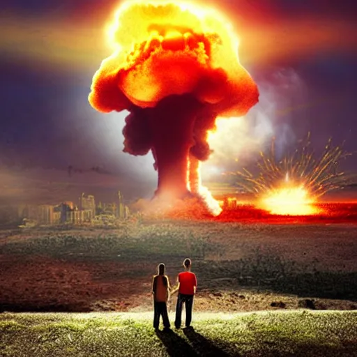 Prompt: a young couple watching a nuclear explosion, romantic, mushroom cloud, uplifting, happy, apocalytic detailed digital matte painting