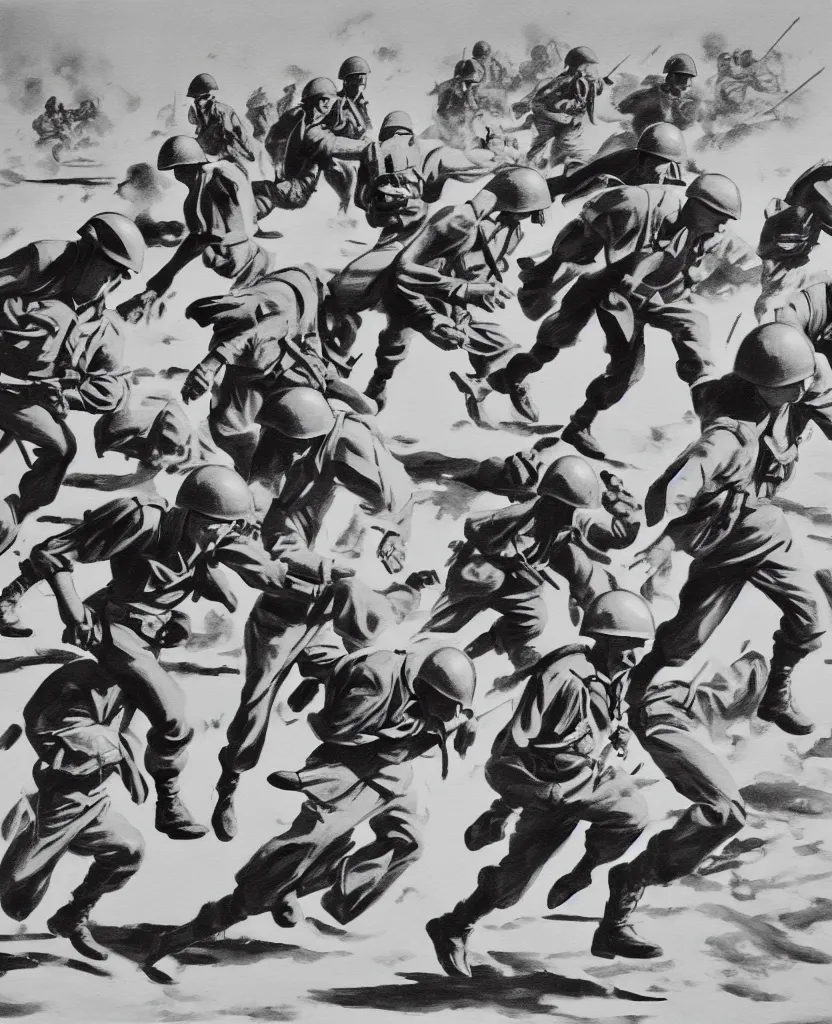 Image similar to a painting of running soldiers and bombs in el alamein battle, wwii,, black and white, disorder, bauhaus