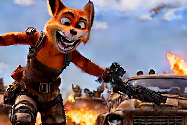 Image similar to nick wilde, heavily armed and armored facing down armageddon in a dark and gritty reboot from the makers of mad max : fury road