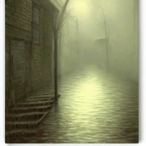 Image similar to flooded overgrown victorian london alley, highly detailed, eldritch, ominous, dawn, chilly dark mood, by rutkowski and beksinski