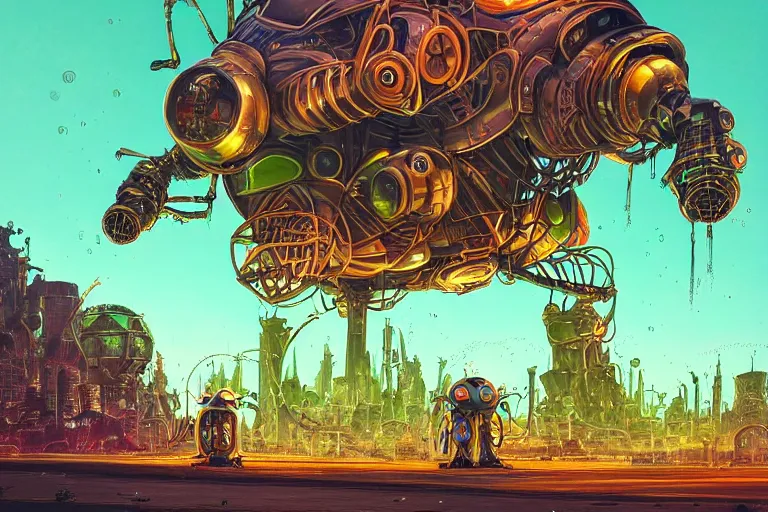 Prompt: ground view of a giant steampunk hybrid beetle insect harvesting bulbs of energy filled with green jelly, robot metallic armor, minimalist design, science fiction, neon city domes, neo - gothic, gothic!!, character concept design by josan gonzales, chris foss, dynamic light, vibrant colors