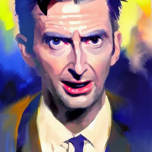 Image similar to greg manchess portrait painting of david tennant the 1 0 th doctor as overwatch character, medium shot, asymmetrical, profile picture, organic painting, sunny day, matte painting, bold shapes, hard edges, street art, trending on artstation, by huang guangjian and gil elvgren and sachin teng