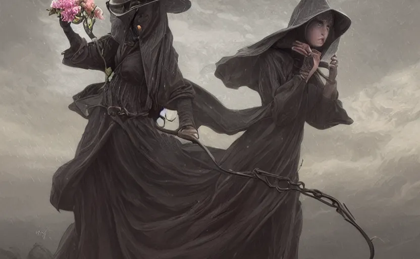 Prompt: female plague doctor holding flowers, heavy rain, wind, thunder, reflections, deep focus, d & d, fantasy, intricate, elegant, highly detailed, digital painting, artstation, concept art, matte, sharp focus, illustration, hearthstone, art by artgerm and greg rutkowski and alphonse mucha